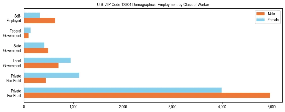 Horizontal bar chart showing employment distribution by class of worker and gender in US ZIP Code 12804, based on 2023 ACS data.