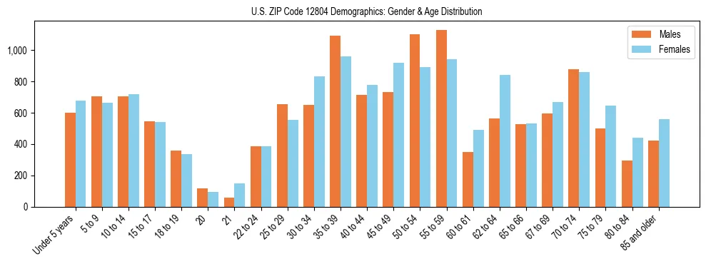 Bar chart showing the population distribution of US ZIP Code 12804 by age group and gender, based on 2023 ACS data.