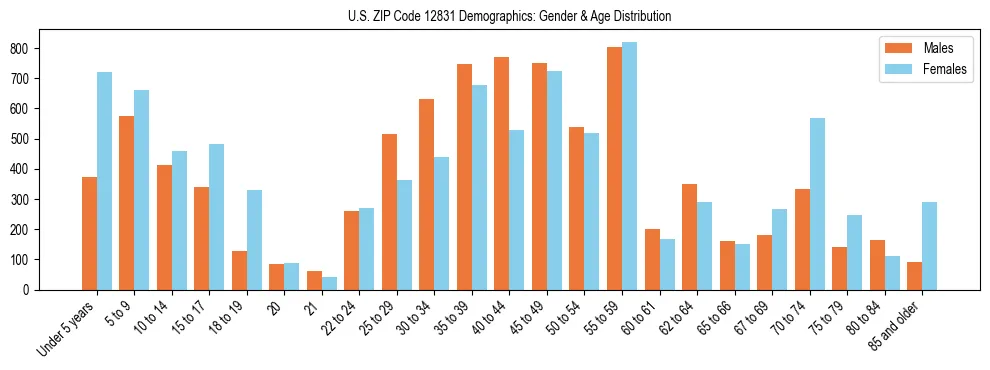 Bar chart showing the population distribution of US ZIP Code 12831 by age group and gender, based on 2023 ACS data.