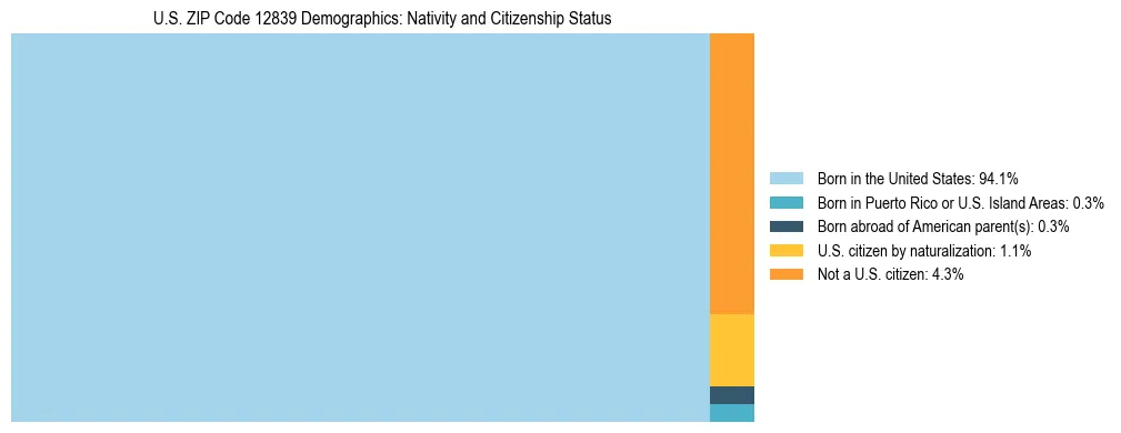 Treemap showing the population distribution by nativity and citizenship status in US ZIP Code 12839 based on U.S. Census data.