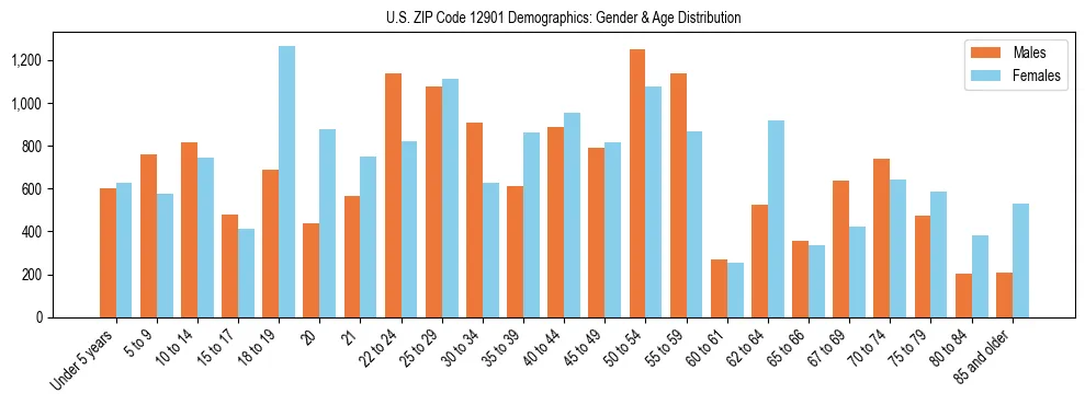 Bar chart showing the population distribution of US ZIP Code 12901 by age group and gender, based on 2023 ACS data.