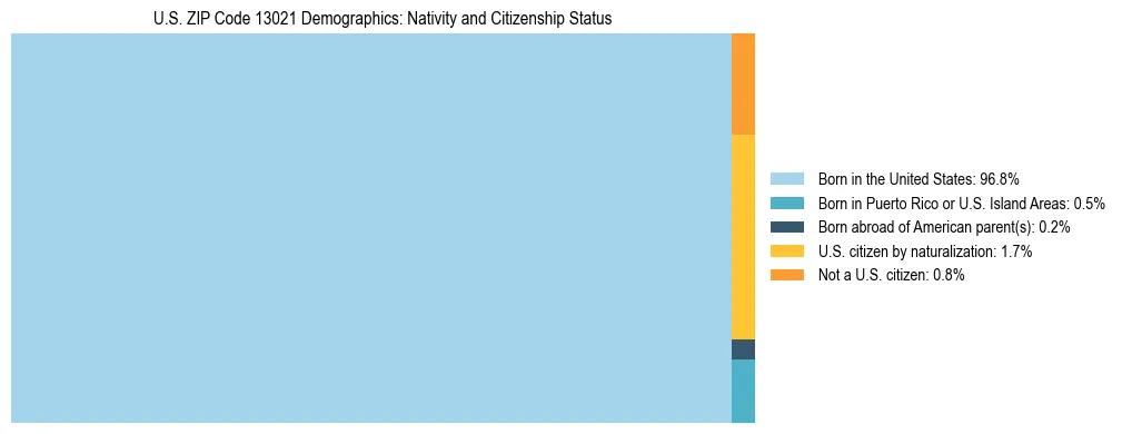 Treemap showing the population distribution by nativity and citizenship status in US ZIP Code 13021 based on U.S. Census data.