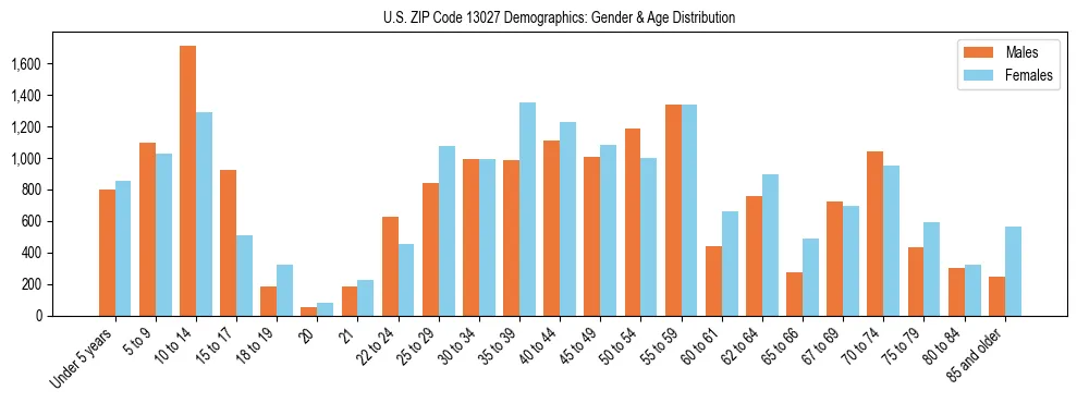 Bar chart showing the population distribution of US ZIP Code 13027 by age group and gender, based on 2023 ACS data.