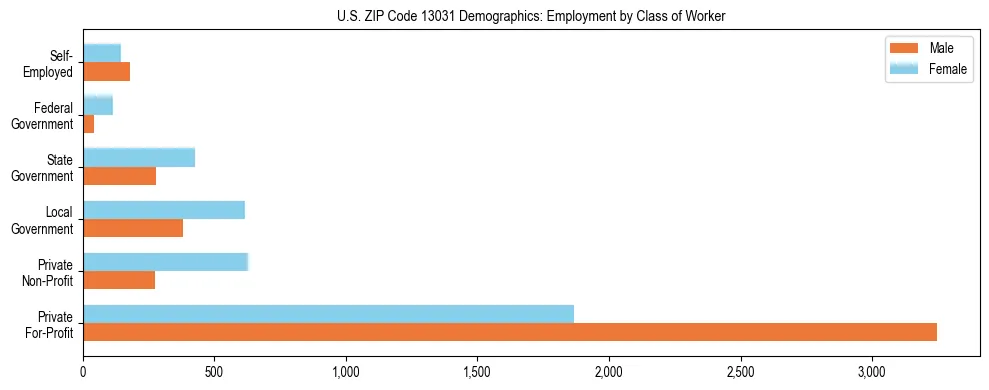Horizontal bar chart showing employment distribution by class of worker and gender in US ZIP Code 13031, based on 2023 ACS data.