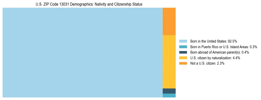 Treemap showing the population distribution by nativity and citizenship status in US ZIP Code 13031 based on U.S. Census data.