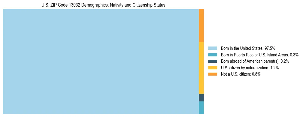 Treemap showing the population distribution by nativity and citizenship status in US ZIP Code 13032 based on U.S. Census data.