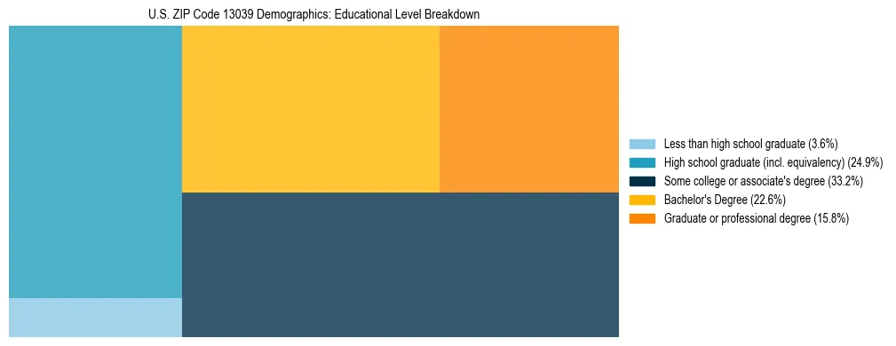 Treemap chart illustrating the educational attainment breakdown for population 25 years and over in US ZIP Code 13039.