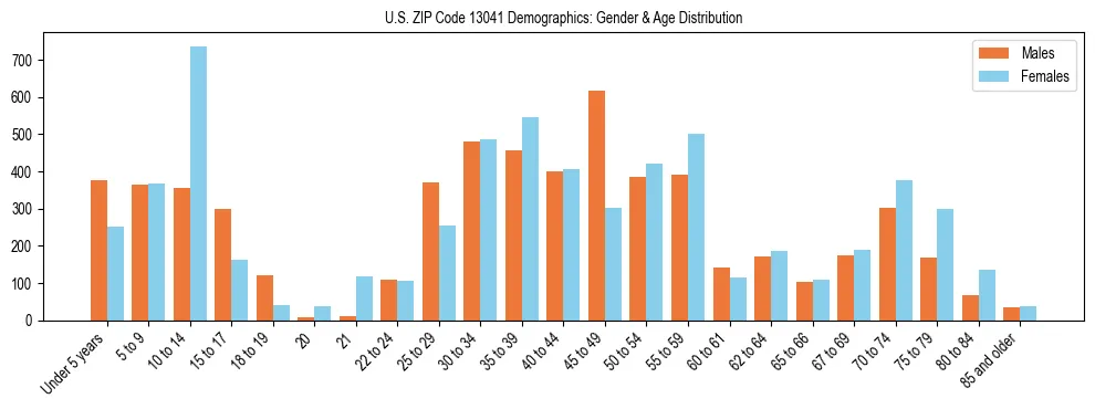 Bar chart showing the population distribution of US ZIP Code 13041 by age group and gender, based on 2023 ACS data.