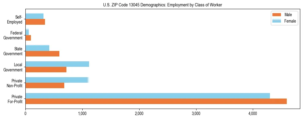 Horizontal bar chart showing employment distribution by class of worker and gender in US ZIP Code 13045, based on 2023 ACS data.