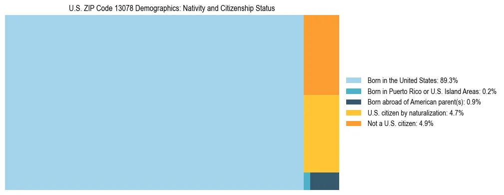 Treemap showing the population distribution by nativity and citizenship status in US ZIP Code 13078 based on U.S. Census data.