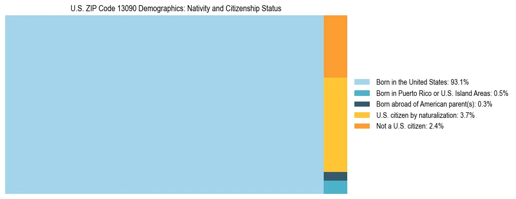Treemap showing the population distribution by nativity and citizenship status in US ZIP Code 13090 based on U.S. Census data.