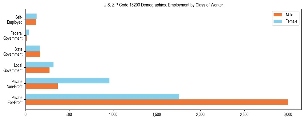 Horizontal bar chart showing employment distribution by class of worker and gender in US ZIP Code 13203, based on 2023 ACS data.