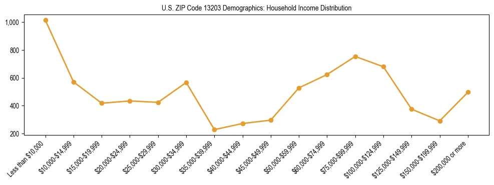 Horizontal bar chart showing household income distribution in US ZIP Code 13203.
