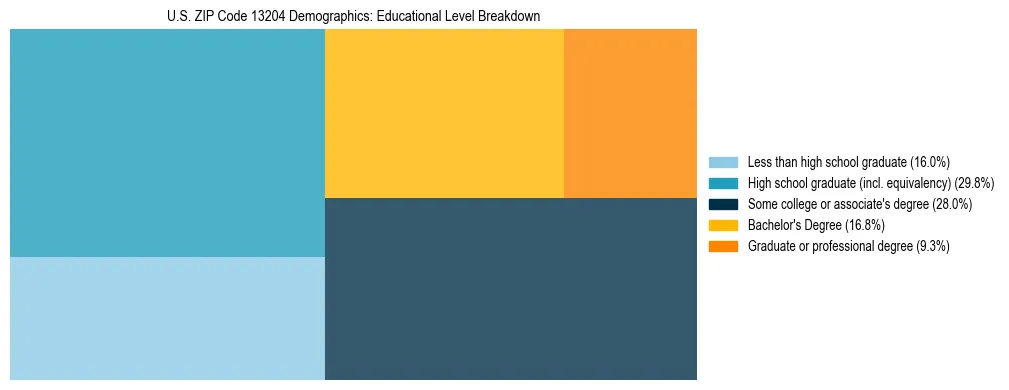 Treemap chart illustrating the educational attainment breakdown for population 25 years and over in US ZIP Code 13204.