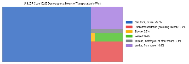 Treemap showing means of transportation to work distribution in US ZIP Code 13205.