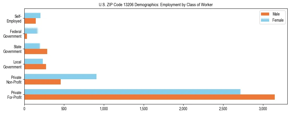 Horizontal bar chart showing employment distribution by class of worker and gender in US ZIP Code 13206, based on 2023 ACS data.