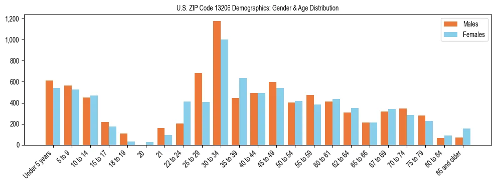 Bar chart showing the population distribution of US ZIP Code 13206 by age group and gender, based on 2023 ACS data.