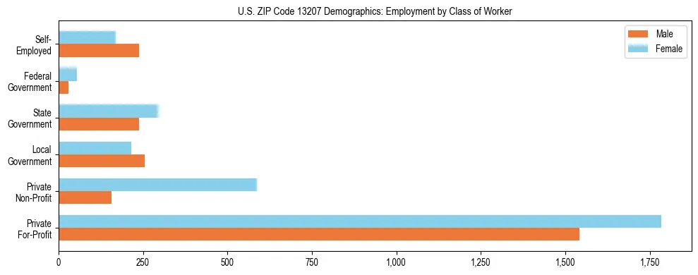 Horizontal bar chart showing employment distribution by class of worker and gender in US ZIP Code 13207, based on 2023 ACS data.