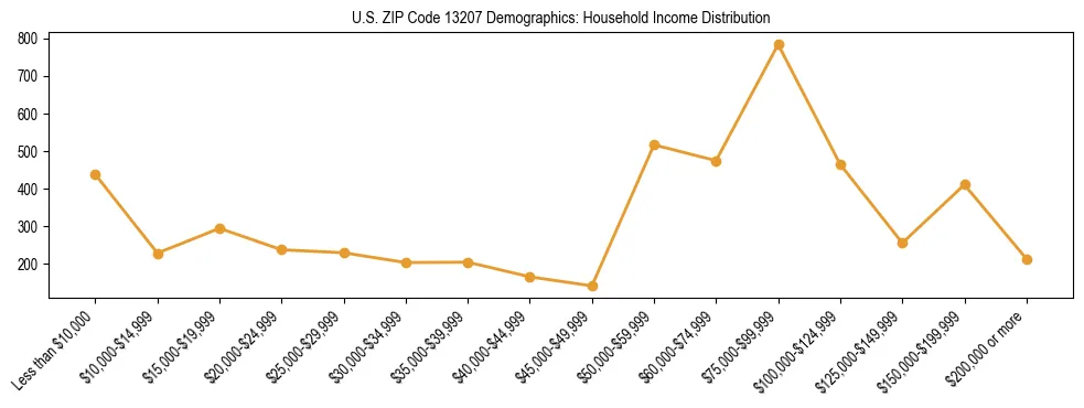 Horizontal bar chart showing household income distribution in US ZIP Code 13207.