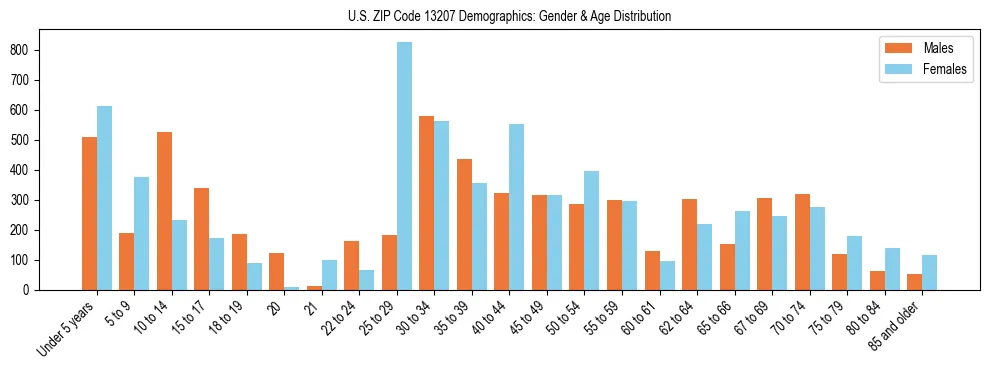 Bar chart showing the population distribution of US ZIP Code 13207 by age group and gender, based on 2023 ACS data.
