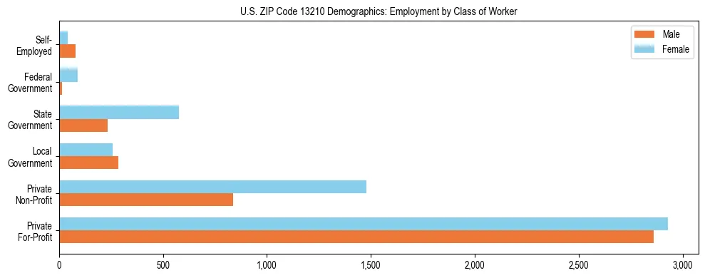 Horizontal bar chart showing employment distribution by class of worker and gender in US ZIP Code 13210, based on 2023 ACS data.