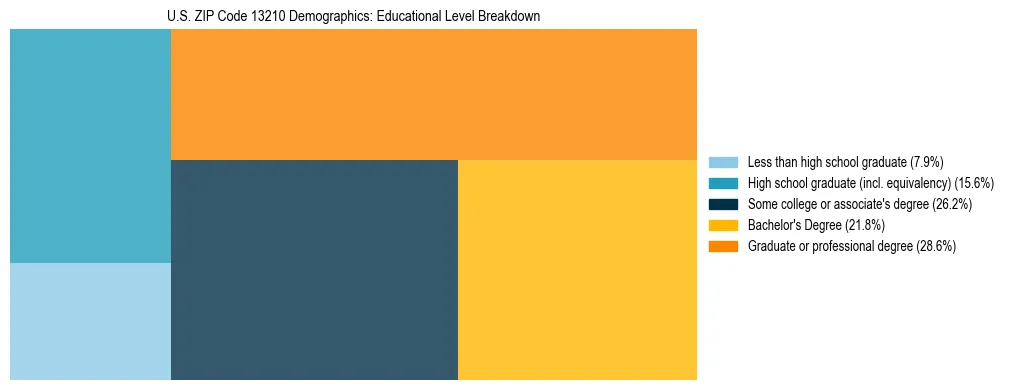Treemap chart illustrating the educational attainment breakdown for population 25 years and over in US ZIP Code 13210.