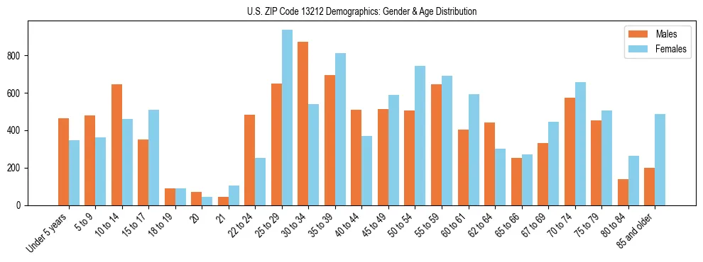 Bar chart showing the population distribution of US ZIP Code 13212 by age group and gender, based on 2023 ACS data.