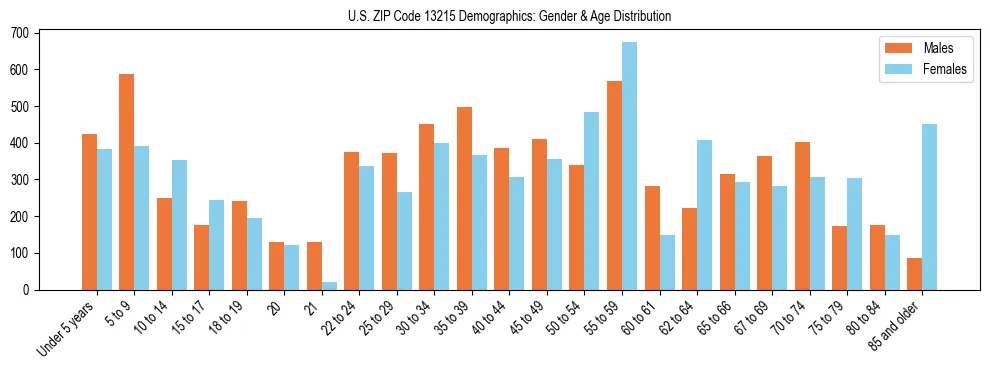 Bar chart showing the population distribution of US ZIP Code 13215 by age group and gender, based on 2023 ACS data.