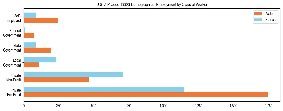 Horizontal bar chart showing employment distribution by class of worker and gender in US ZIP Code 13323, based on 2023 ACS data.