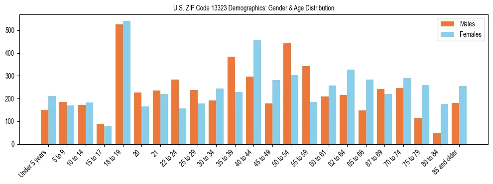 Bar chart showing the population distribution of US ZIP Code 13323 by age group and gender, based on 2023 ACS data.