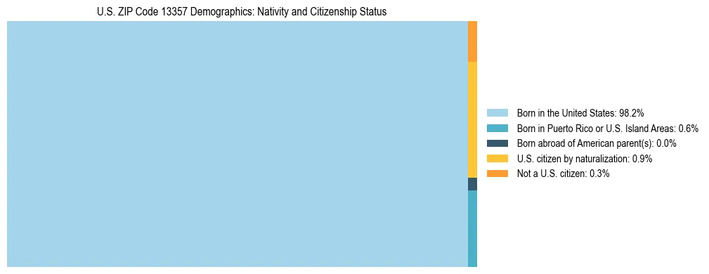 Treemap showing the population distribution by nativity and citizenship status in US ZIP Code 13357 based on U.S. Census data.