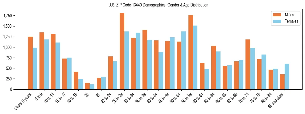 Bar chart showing the population distribution of US ZIP Code 13440 by age group and gender, based on 2023 ACS data.