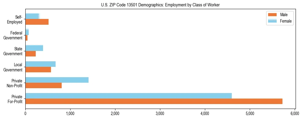 Horizontal bar chart showing employment distribution by class of worker and gender in US ZIP Code 13501, based on 2023 ACS data.