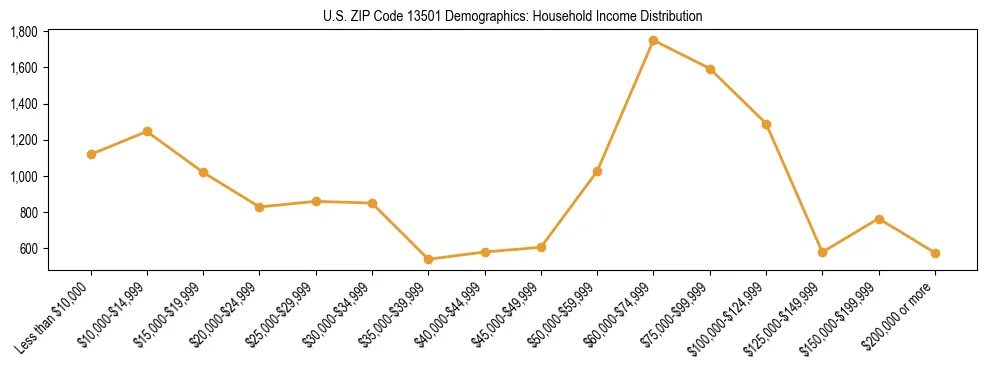 Horizontal bar chart showing household income distribution in US ZIP Code 13501.