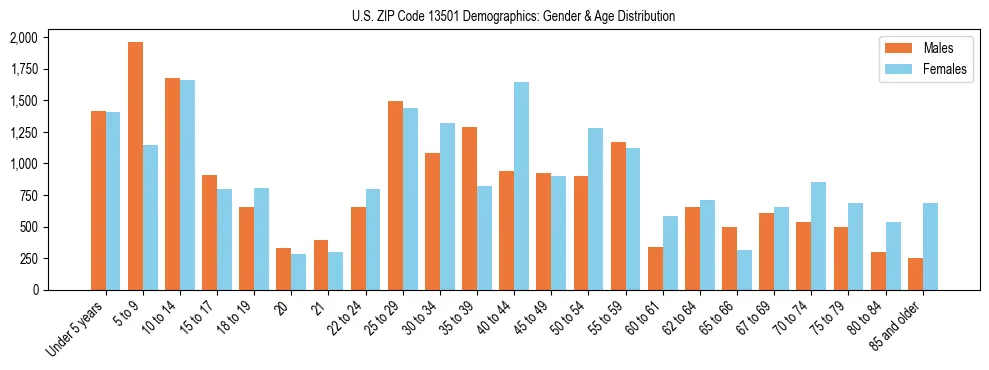 Bar chart showing the population distribution of US ZIP Code 13501 by age group and gender, based on 2023 ACS data.