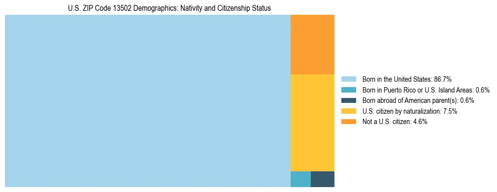 Treemap showing the population distribution by nativity and citizenship status in US ZIP Code 13502 based on U.S. Census data.