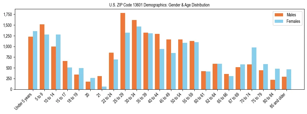 Bar chart showing the population distribution of US ZIP Code 13601 by age group and gender, based on 2023 ACS data.