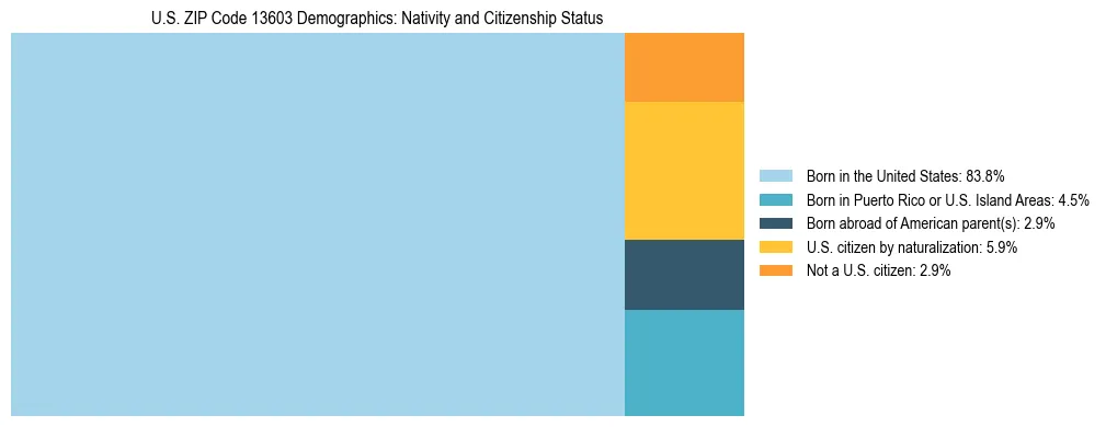 Treemap showing the population distribution by nativity and citizenship status in US ZIP Code 13603 based on U.S. Census data.