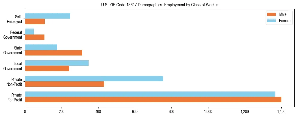 Horizontal bar chart showing employment distribution by class of worker and gender in US ZIP Code 13617, based on 2023 ACS data.