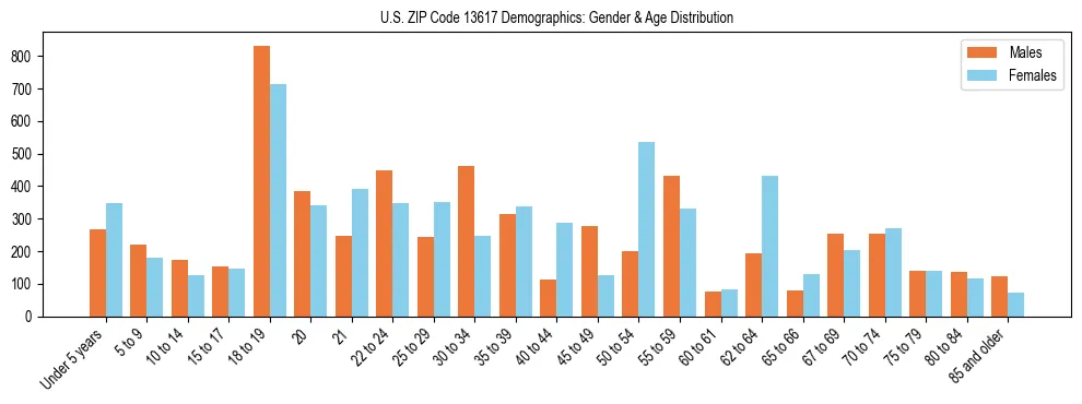 Bar chart showing the population distribution of US ZIP Code 13617 by age group and gender, based on 2023 ACS data.
