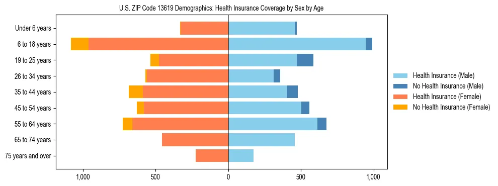 Pyramid chart showing health insurance coverage by age and sex in US ZIP Code 13619.