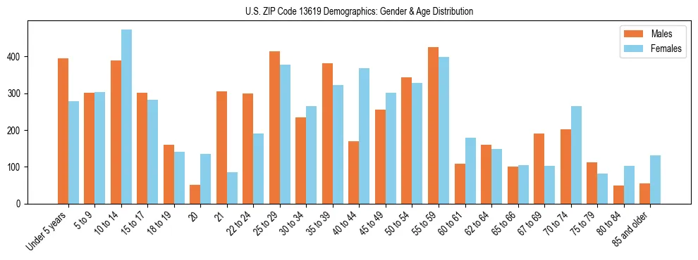 Bar chart showing the population distribution of US ZIP Code 13619 by age group and gender, based on 2023 ACS data.