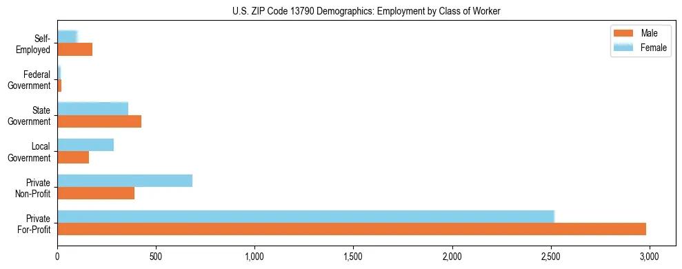 Horizontal bar chart showing employment distribution by class of worker and gender in US ZIP Code 13790, based on 2023 ACS data.
