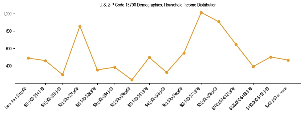 Horizontal bar chart showing household income distribution in US ZIP Code 13790.