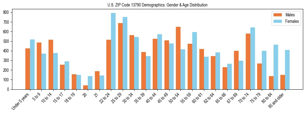Bar chart showing the population distribution of US ZIP Code 13790 by age group and gender, based on 2023 ACS data.