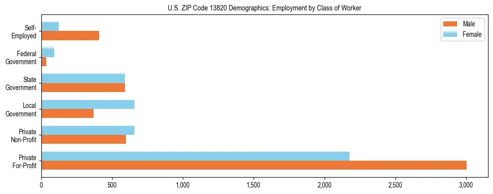 Horizontal bar chart showing employment distribution by class of worker and gender in US ZIP Code 13820, based on 2023 ACS data.