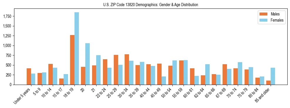 Bar chart showing the population distribution of US ZIP Code 13820 by age group and gender, based on 2023 ACS data.
