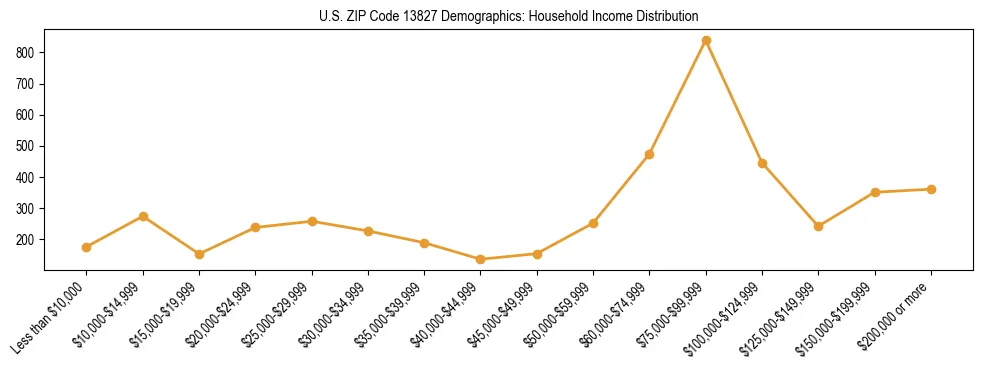 Horizontal bar chart showing household income distribution in US ZIP Code 13827.