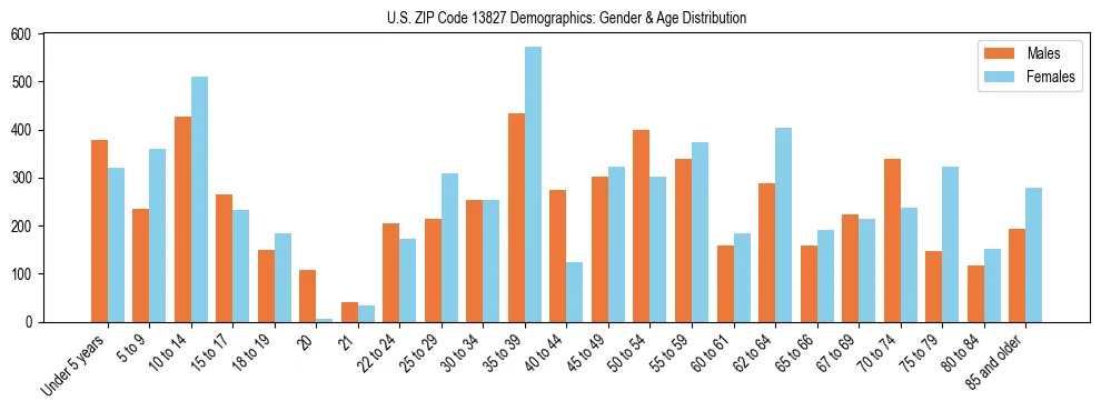 Bar chart showing the population distribution of US ZIP Code 13827 by age group and gender, based on 2023 ACS data.