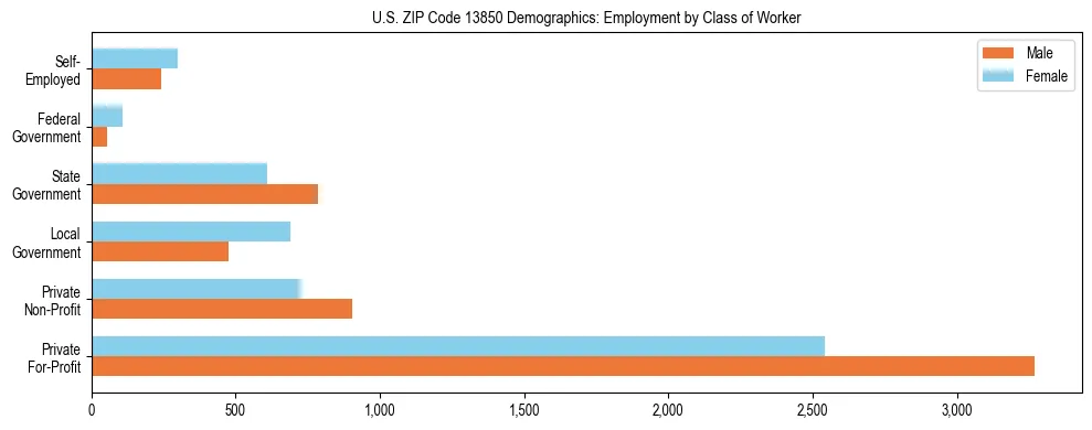 Horizontal bar chart showing employment distribution by class of worker and gender in US ZIP Code 13850, based on 2023 ACS data.